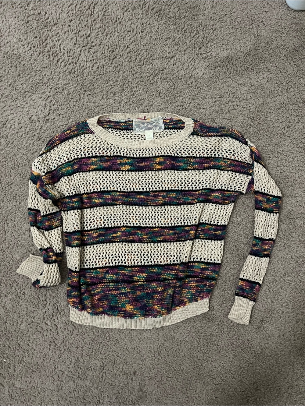 Nick and Mo color me bad Open-Knit Crew Sweater in Cream with Multicolor Stripes
